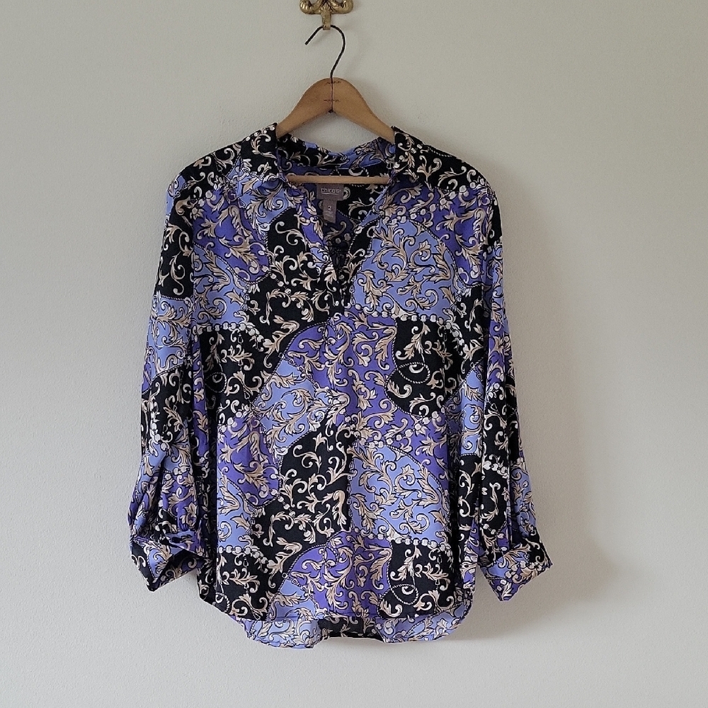 Chico's Purple‎ Black Baroque Print Satin Vneck Blouse Size Large